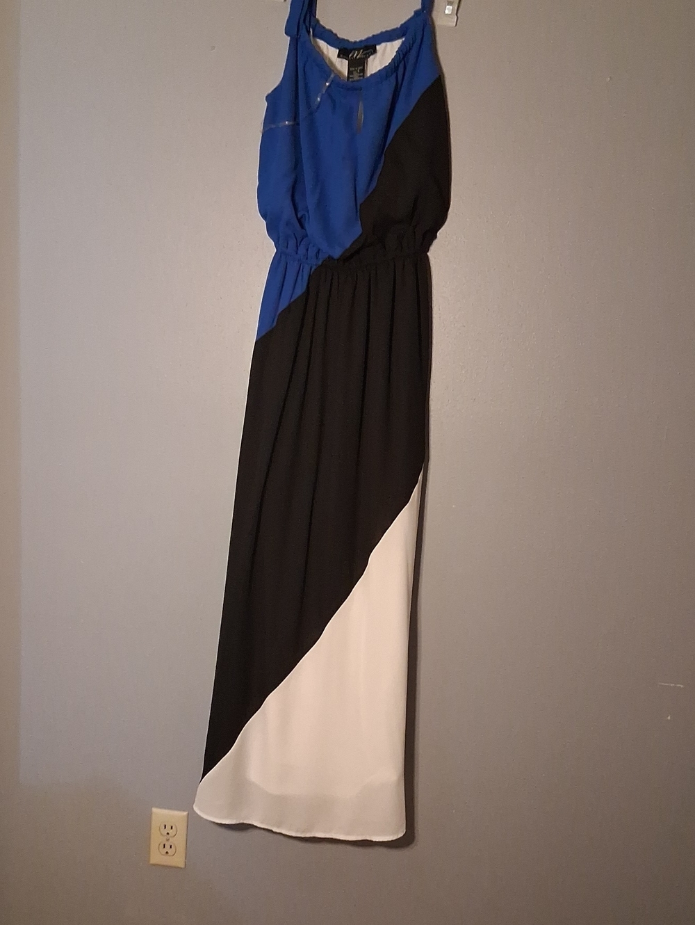Midnight Velvet Blue Black White Diagonal Colorblock Maxi Dress